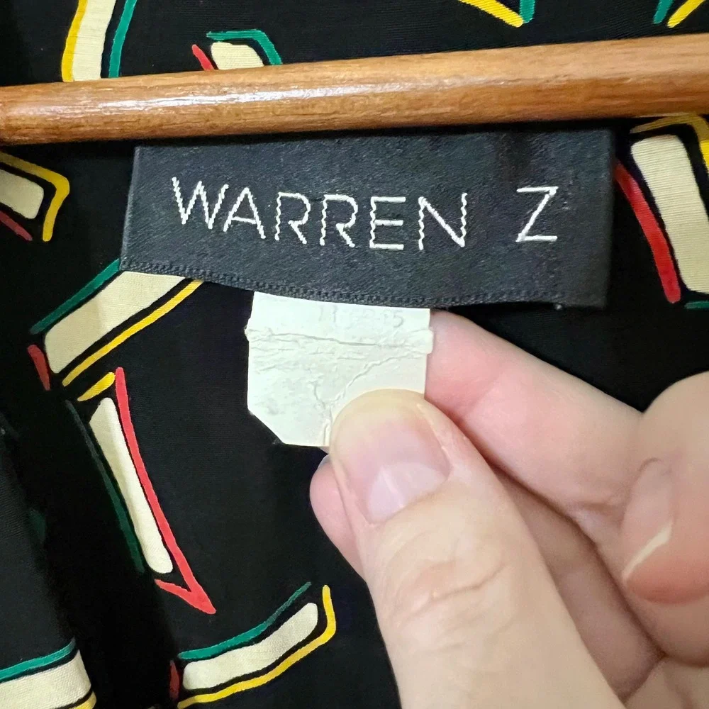 WARREN Z Black Abstract Geometric‎ Print Midi Dress Smocked Waist Retro 80s VTG